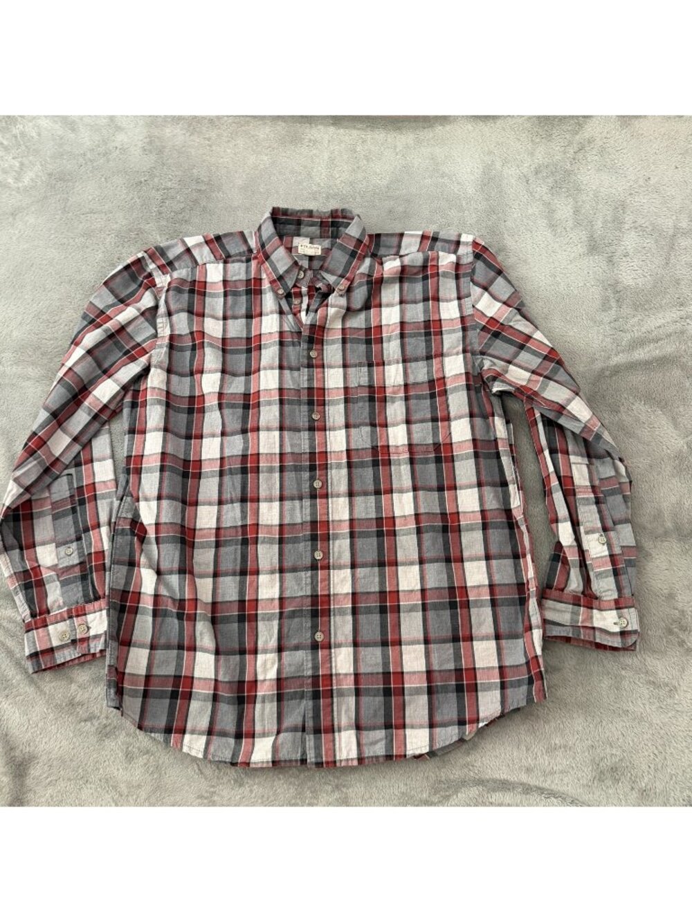 Filson 100% Cotton Long Sleeve Button Up Shirt Plaid Mens Size MEDIUM Gray Red
